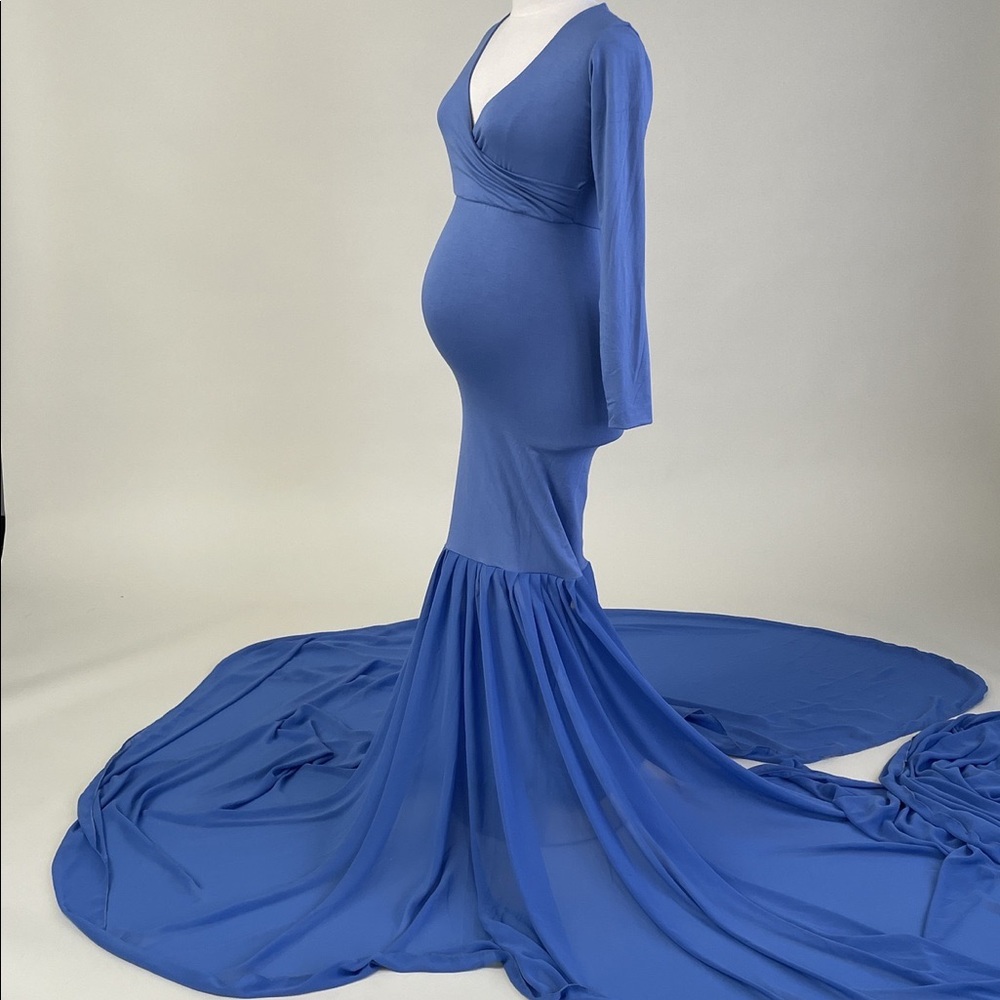 Blue maternity dress with long train for photos medium